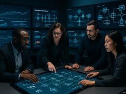 Hochmoderne Büroszene mit großen Bildschirmen, die Datenvisualisierungen und Automatisierungsprozesse zeigen, während ein diverses Team an einem digitalen Touchscreen arbeitet.