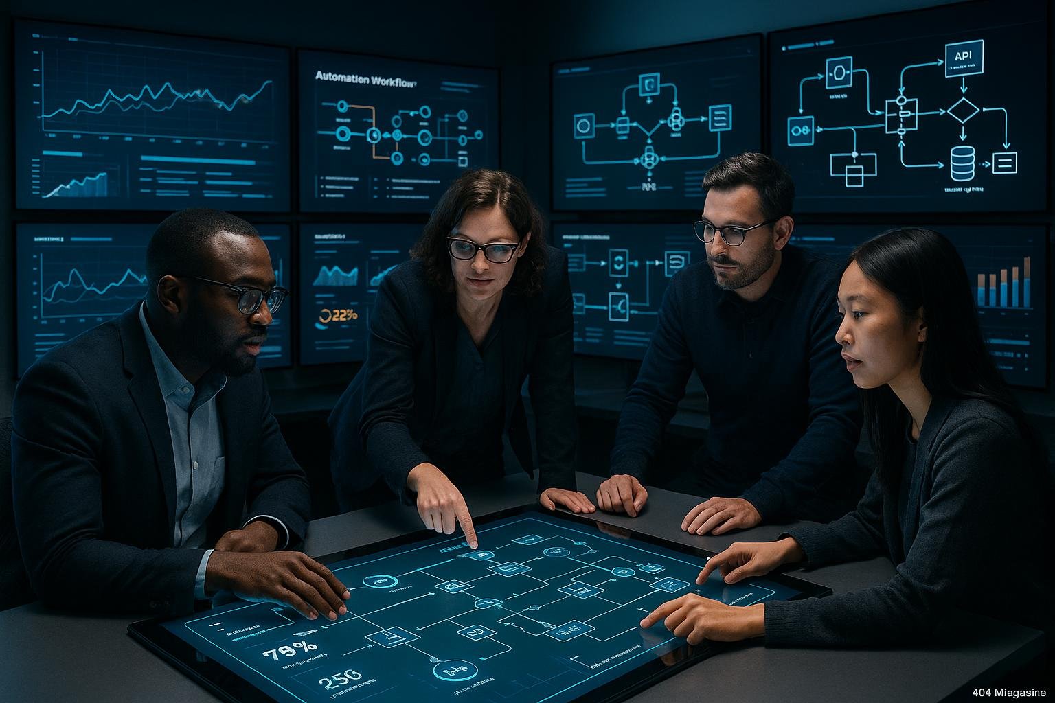 Hochmoderne Büroszene mit großen Bildschirmen, die Datenvisualisierungen und Automatisierungsprozesse zeigen, während ein diverses Team an einem digitalen Touchscreen arbeitet.