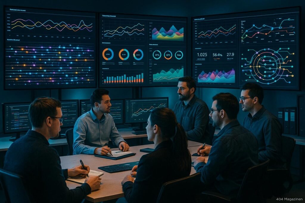 Ein moderner Kontrollraum mit großen Bildschirmen, die Echtzeitdaten und Analysetools anzeigen, mit Ingenieuren, die die Daten überwachen, von Tobias Hager für 404 Magazine