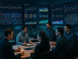 Ein moderner Kontrollraum mit großen Bildschirmen, die Echtzeitdaten und Analysetools anzeigen, mit Ingenieuren, die die Daten überwachen, von Tobias Hager für 404 Magazine