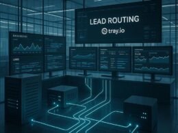 Transparenter Kontrollraum mit Monitoren, Dashboards und technischen Komponenten, verbunden durch leuchtende Linien, symbolisiert Datenfluss und technischer Fortschritt.