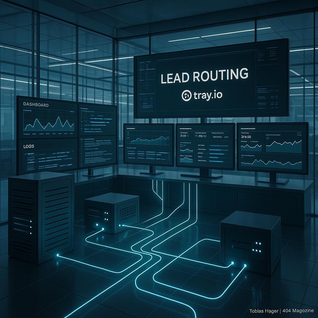 Transparenter Kontrollraum mit Monitoren, Dashboards und technischen Komponenten, verbunden durch leuchtende Linien, symbolisiert Datenfluss und technischer Fortschritt.