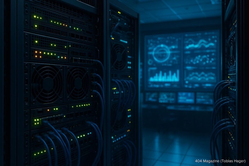 Server mit blinkenden Statusanzeigen in einem modernen Rechenzentrum, im Hintergrund ein digitaler Kontrollraum mit Datenströmen auf Bildschirmen