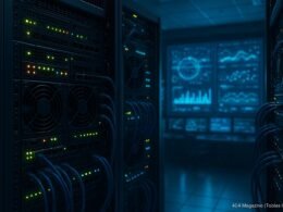 Server mit blinkenden Statusanzeigen in einem modernen Rechenzentrum, im Hintergrund ein digitaler Kontrollraum mit Datenströmen auf Bildschirmen