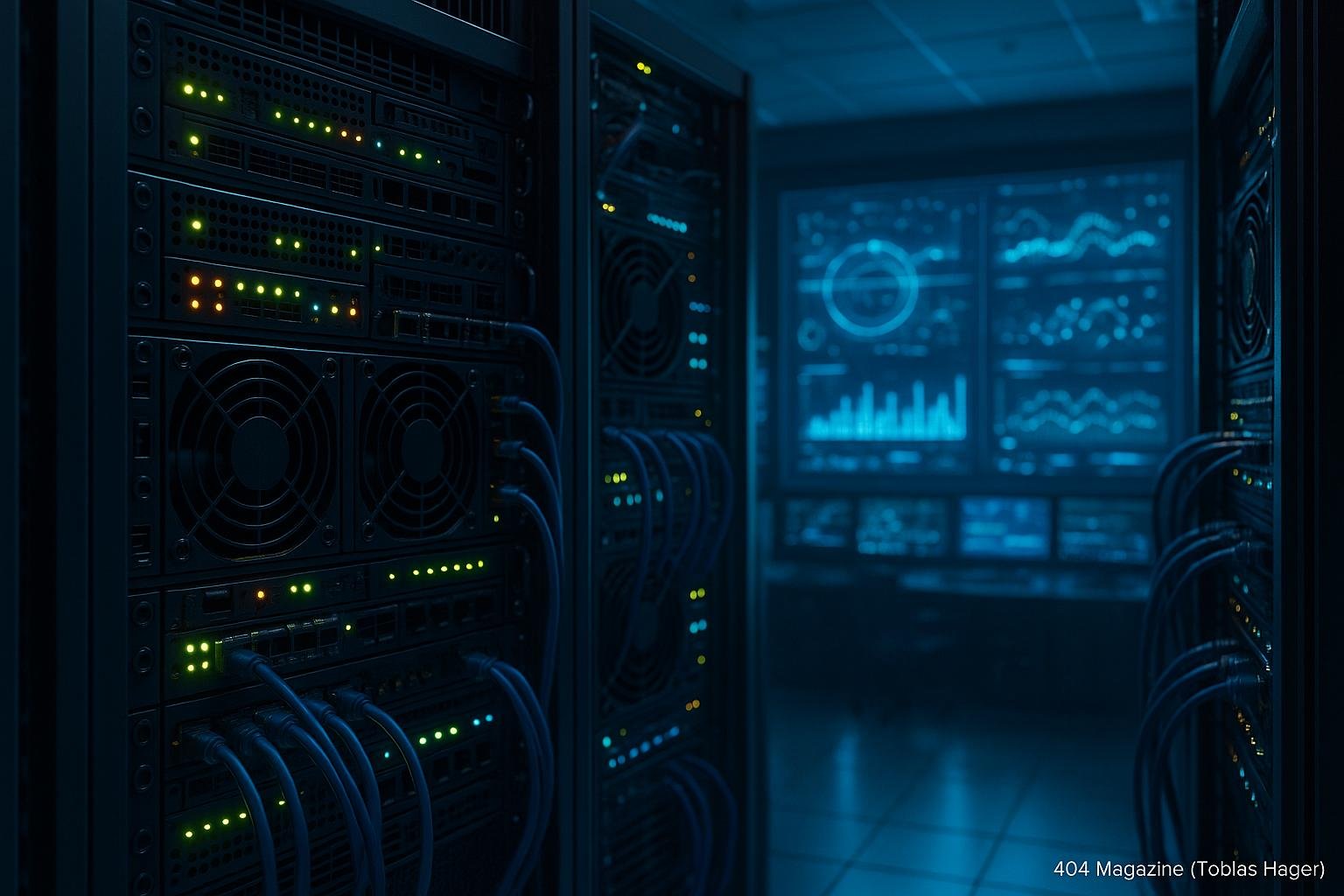 Server mit blinkenden Statusanzeigen in einem modernen Rechenzentrum, im Hintergrund ein digitaler Kontrollraum mit Datenströmen auf Bildschirmen