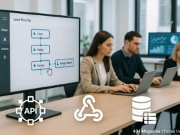 Helle Büroatmosphäre mit großem Bildschirm, Workflow-Builder, Fachleuten an Laptops und Symbolen für APIs und Datenintegration