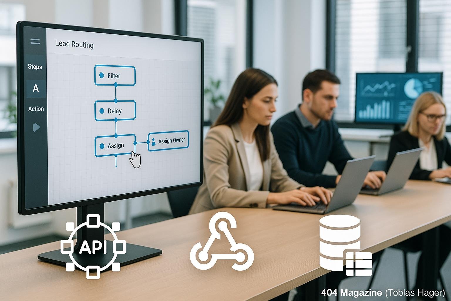 Helle Büroatmosphäre mit großem Bildschirm, Workflow-Builder, Fachleuten an Laptops und Symbolen für APIs und Datenintegration