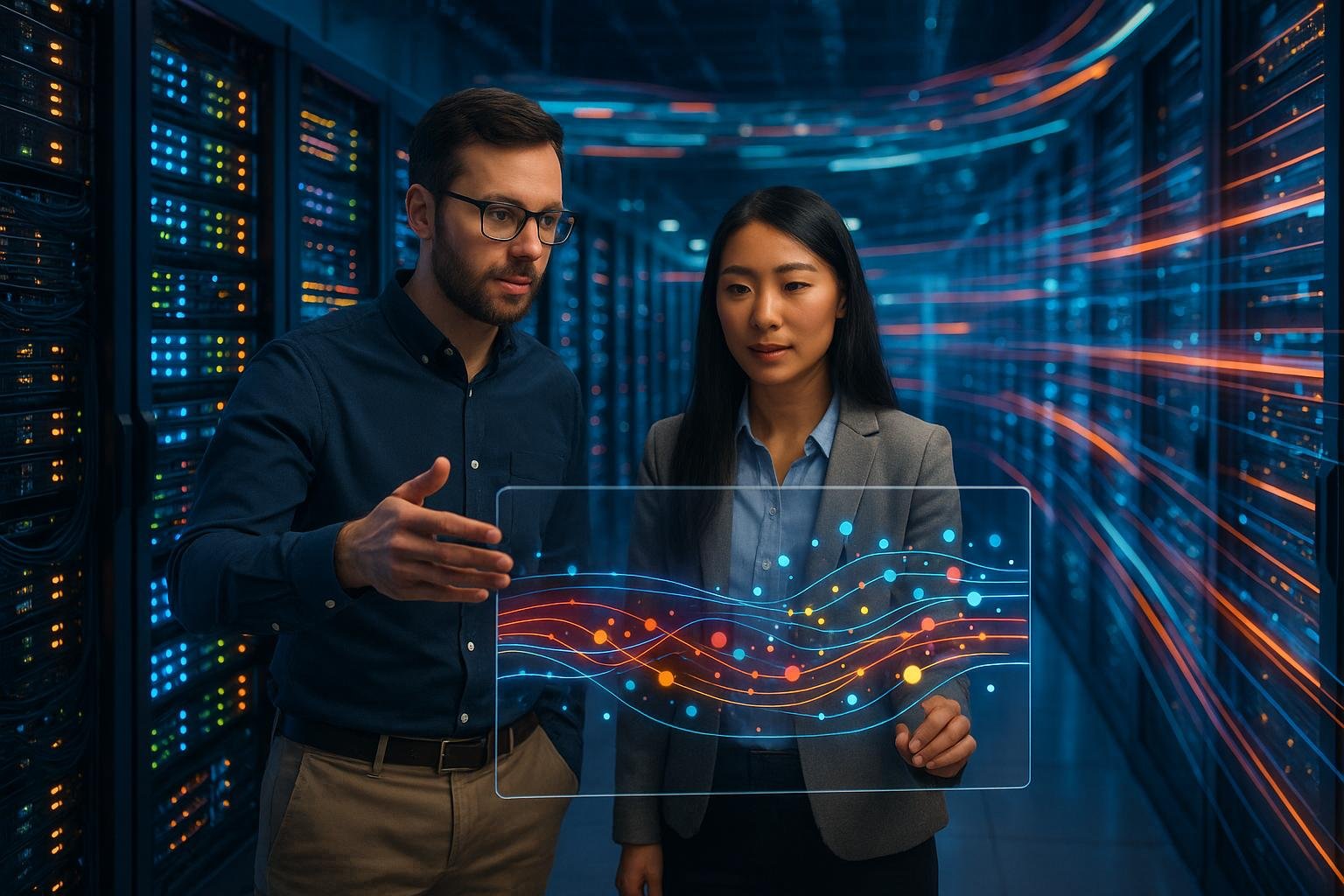 Modernes Datenzentrum mit leuchtenden Serverracks, holographischer Datenanzeige und digital fließenden Datenströmen im Hintergrund