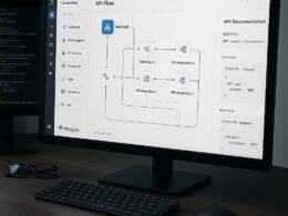 Moderner Arbeitsplatz mit großem Bildschirm, der komplexe API-Flows und Drag-and-Drop-Integrationen zeigt, im Hintergrund Dokumentationen und minimalistische Technik-Tools, Bild von Tobias Hager für 404 Magazine.