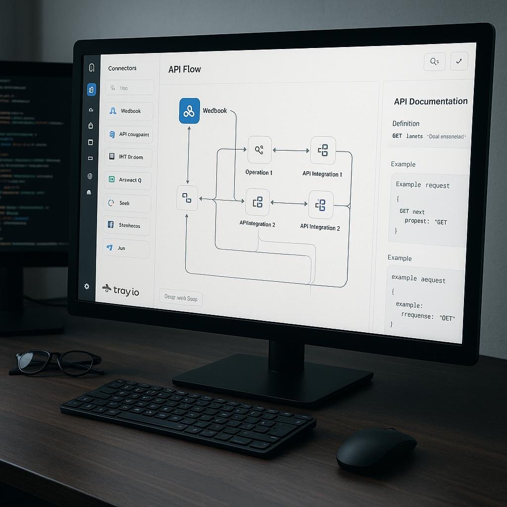 Moderner Arbeitsplatz mit großem Bildschirm, der komplexe API-Flows und Drag-and-Drop-Integrationen zeigt, im Hintergrund Dokumentationen und minimalistische Technik-Tools, Bild von Tobias Hager für 404 Magazine.
