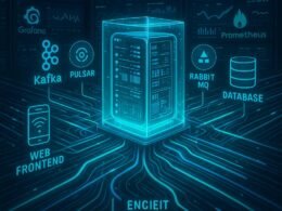 Futuristische Datenarchitektur mit pulsierenden Datenströmen, Server-Gear, holographischen Visualisierungen von Kafka, Pulsar, RabbitMQ und Echtzeit-Monitoring-Tools in Blau- und Grüntönen
