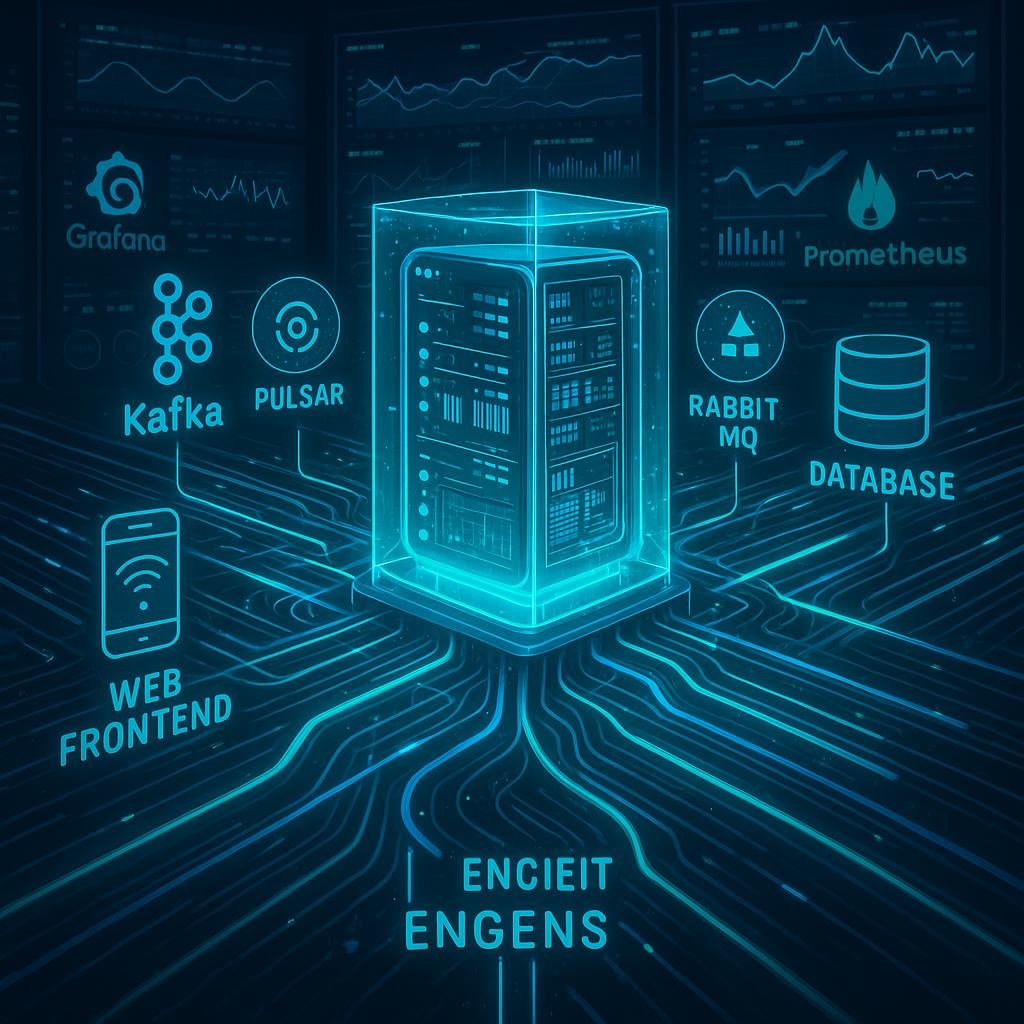 Futuristische Datenarchitektur mit pulsierenden Datenströmen, Server-Gear, holographischen Visualisierungen von Kafka, Pulsar, RabbitMQ und Echtzeit-Monitoring-Tools in Blau- und Grüntönen