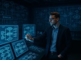 Futuristisches Kontrollzentrum mit holografischen Bildschirmen, Netzwerkgrafiken und einem technologisch versierten Profi in Smart Casual Kleidung, der virtuelle Knöpfe betätigt.