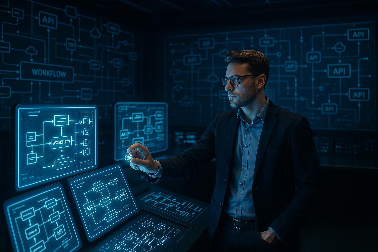 Futuristisches Kontrollzentrum mit holografischen Bildschirmen, Netzwerkgrafiken und einem technologisch versierten Profi in Smart Casual Kleidung, der virtuelle Knöpfe betätigt.