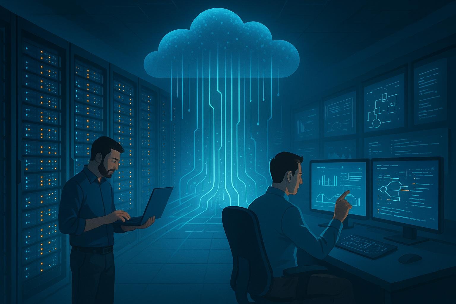 Modernes Rechenzentrum mit Serverracks, holographischen Displays und Techniker bei der Systemüberwachung