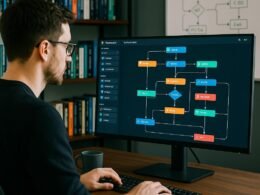 Entwickler arbeitet an einem großen Computerbildschirm mit visueller Workflow-Builder-Oberfläche, im Hintergrund Regale mit Büchern, eine Tasse Kaffee und ein Whiteboard mit Workflow-Skizzen.