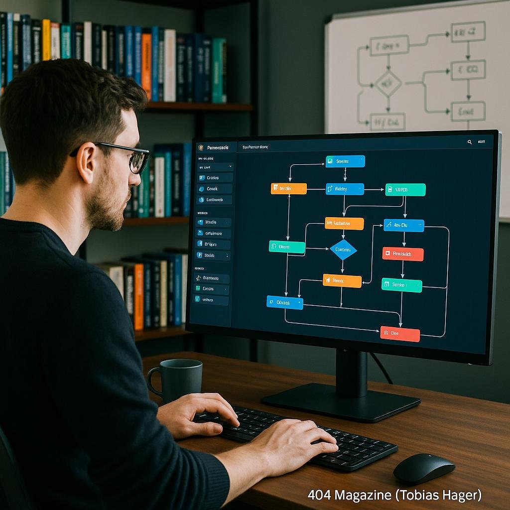 Entwickler arbeitet an einem großen Computerbildschirm mit visueller Workflow-Builder-Oberfläche, im Hintergrund Regale mit Büchern, eine Tasse Kaffee und ein Whiteboard mit Workflow-Skizzen.