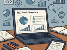 Arbeitsbereich mit Laptop, Notizbüchern, Tablets und Zeichenmaterialien, symbolisiert Automatisierung und Datenanalyse für SEO-Audits