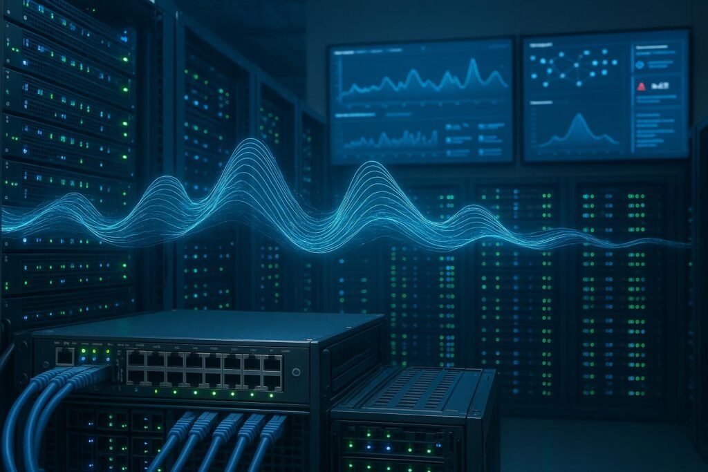Rechenzentrumsspeicher mit Serverracks, leuchtenden LED-Anzeigen, Kabeln, Netzwerk-Switches und holographischer Datenvisualisierung im Vordergrund. Monitore im Hintergrund zeigen Diagramme und Alerts. Credit: 404 Magazine (Tobias Hager).
