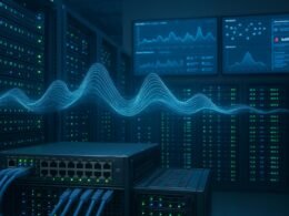 Rechenzentrumsspeicher mit Serverracks, leuchtenden LED-Anzeigen, Kabeln, Netzwerk-Switches und holographischer Datenvisualisierung im Vordergrund. Monitore im Hintergrund zeigen Diagramme und Alerts. Credit: 404 Magazine (Tobias Hager).