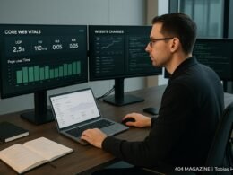 Ein professioneller SEO-Experte analysiert Website-Daten auf mehreren Bildschirmen in einem modernen Büro, mit Tools, Notizbüchern und einem Laptop.