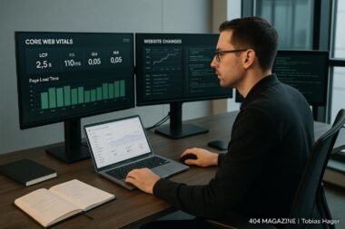 Ein professioneller SEO-Experte analysiert Website-Daten auf mehreren Bildschirmen in einem modernen Büro, mit Tools, Notizbüchern und einem Laptop.