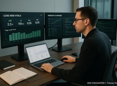 Ein professioneller SEO-Experte analysiert Website-Daten auf mehreren Bildschirmen in einem modernen Büro, mit Tools, Notizbüchern und einem Laptop.