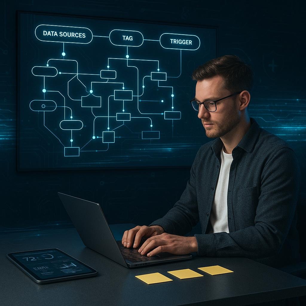 Moderner Arbeitsplatz mit digitalem Display, Datenflussdiagramm und einem Datenanalysten, umgeben von Notizzetteln und High-Tech-Elementen, Credit: 404 Magazine (Tobias Hager)