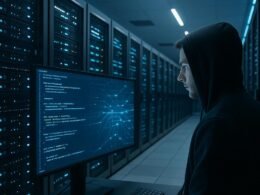 Moderner Serverraum mit blinkender Hardware, Techniker untersucht digitalen Code, digitale Datenströme im Hintergrund. Credit: 404 Magazine (Tobias Hager).