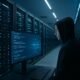 Moderner Serverraum mit blinkender Hardware, Techniker untersucht digitalen Code, digitale Datenströme im Hintergrund. Credit: 404 Magazine (Tobias Hager).