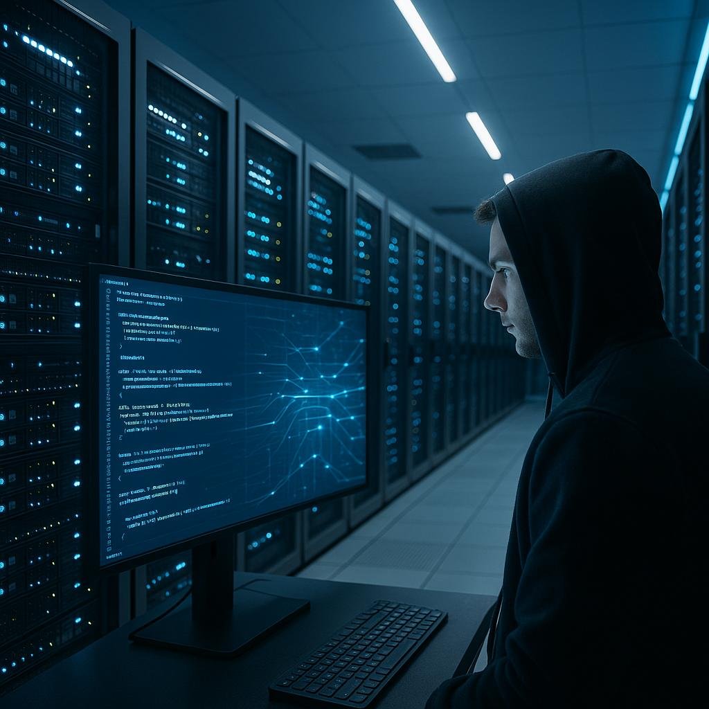 Moderner Serverraum mit blinkender Hardware, Techniker untersucht digitalen Code, digitale Datenströme im Hintergrund. Credit: 404 Magazine (Tobias Hager).