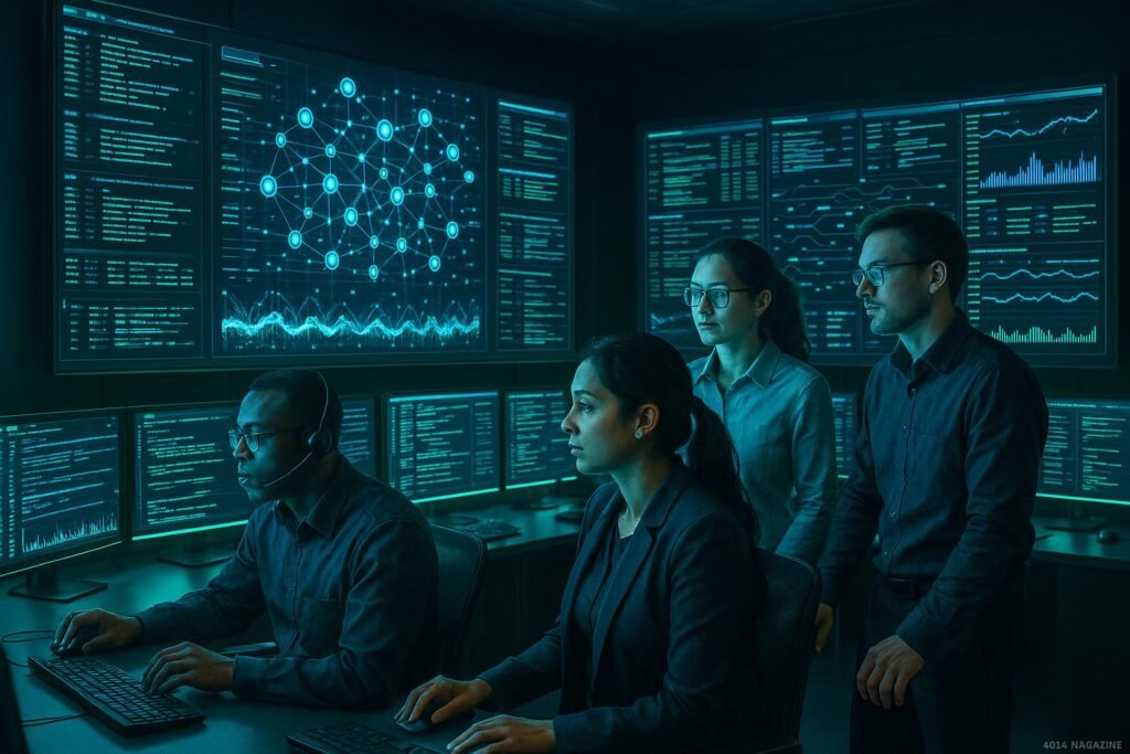 Futuristischer Kontrollraum mit großen Bildschirmen, Teams von IT-Profis und leuchtenden blauen und grünen Akzenten, die digitale Konnektivität darstellen