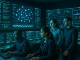 Futuristischer Kontrollraum mit großen Bildschirmen, Teams von IT-Profis und leuchtenden blauen und grünen Akzenten, die digitale Konnektivität darstellen