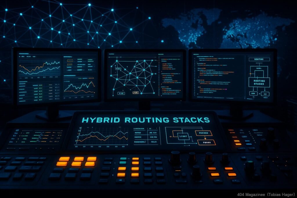 Hochmodernes Serverraum-Panel mit mehreren Monitoren, Graphik-Pult mit leuchtenden Buttons, abstraktes Netzwerk und digitale Weltkarte in futuristischer Optik, präsentieret komplexe Netzwerktechnologien.