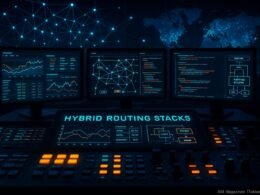 Hochmodernes Serverraum-Panel mit mehreren Monitoren, Graphik-Pult mit leuchtenden Buttons, abstraktes Netzwerk und digitale Weltkarte in futuristischer Optik, präsentieret komplexe Netzwerktechnologien.