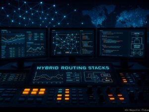 Hochmodernes Serverraum-Panel mit mehreren Monitoren, Graphik-Pult mit leuchtenden Buttons, abstraktes Netzwerk und digitale Weltkarte in futuristischer Optik, präsentieret komplexe Netzwerktechnologien.
