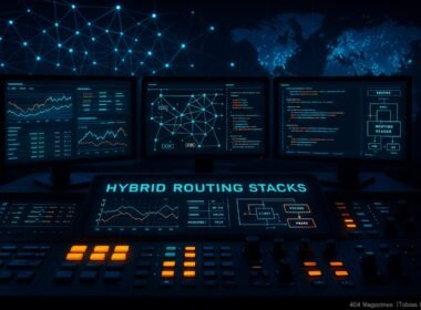 Hochmodernes Serverraum-Panel mit mehreren Monitoren, Graphik-Pult mit leuchtenden Buttons, abstraktes Netzwerk und digitale Weltkarte in futuristischer Optik, präsentieret komplexe Netzwerktechnologien.