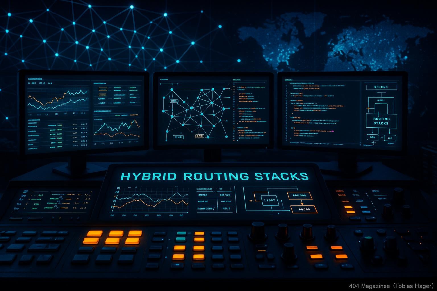 Hochmodernes Serverraum-Panel mit mehreren Monitoren, Graphik-Pult mit leuchtenden Buttons, abstraktes Netzwerk und digitale Weltkarte in futuristischer Optik, präsentieret komplexe Netzwerktechnologien.