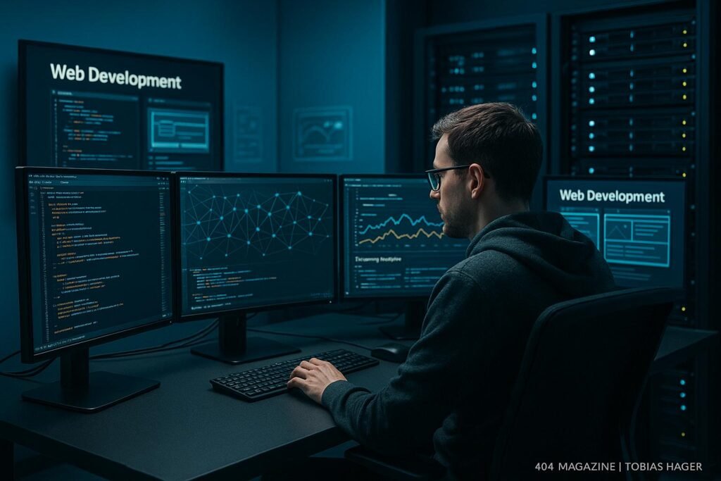 Entwicklerstudio mit mehreren Monitoren, Serverracks und Web-Designs, die moderne Technologie und Netzwerkvisualisierungen zeigen