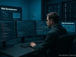 Entwicklerstudio mit mehreren Monitoren, Serverracks und Web-Designs, die moderne Technologie und Netzwerkvisualisierungen zeigen