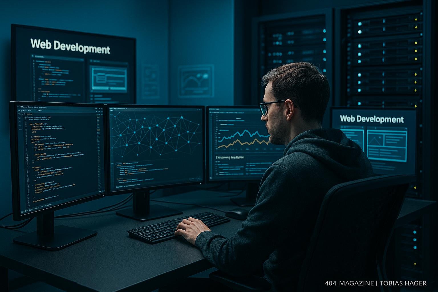 Entwicklerstudio mit mehreren Monitoren, Serverracks und Web-Designs, die moderne Technologie und Netzwerkvisualisierungen zeigen