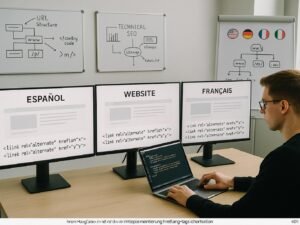 Modernes Office mit mehreren Bildschirmen, die verschiedene Sprachversionen einer Webseite mit hreflang-Tags anzeigen, im Vordergrund ein Profi, der technische Einstellungen an einem Laptop überprüft, Hintergrund mit Whiteboards und Flipcharts.