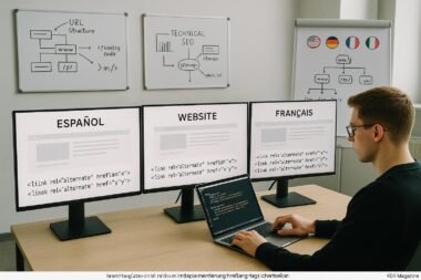 Modernes Office mit mehreren Bildschirmen, die verschiedene Sprachversionen einer Webseite mit hreflang-Tags anzeigen, im Vordergrund ein Profi, der technische Einstellungen an einem Laptop überprüft, Hintergrund mit Whiteboards und Flipcharts.