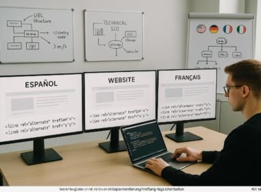 Modernes Office mit mehreren Bildschirmen, die verschiedene Sprachversionen einer Webseite mit hreflang-Tags anzeigen, im Vordergrund ein Profi, der technische Einstellungen an einem Laptop überprüft, Hintergrund mit Whiteboards und Flipcharts.