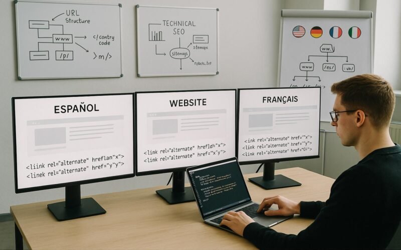 Modernes Office mit mehreren Bildschirmen, die verschiedene Sprachversionen einer Webseite mit hreflang-Tags anzeigen, im Vordergrund ein Profi, der technische Einstellungen an einem Laptop überprüft, Hintergrund mit Whiteboards und Flipcharts.