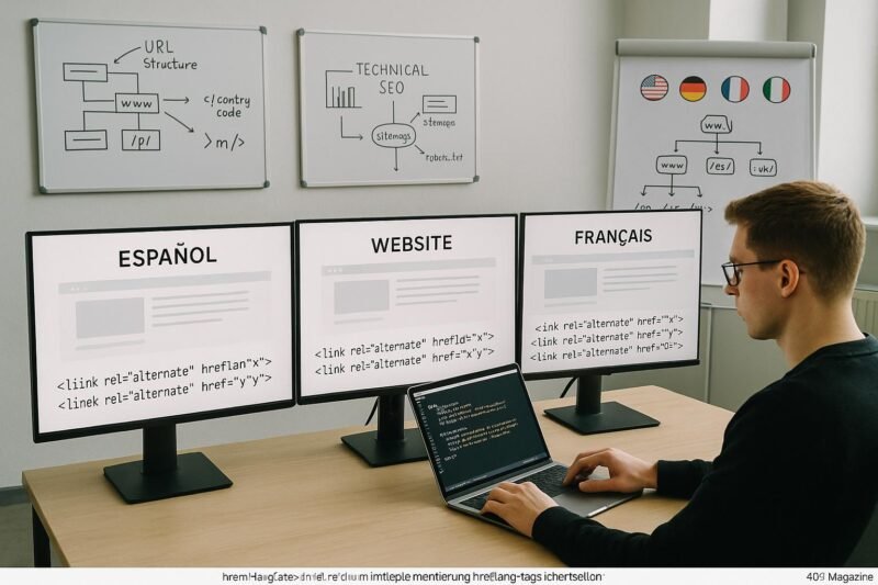 Modernes Office mit mehreren Bildschirmen, die verschiedene Sprachversionen einer Webseite mit hreflang-Tags anzeigen, im Vordergrund ein Profi, der technische Einstellungen an einem Laptop überprüft, Hintergrund mit Whiteboards und Flipcharts.