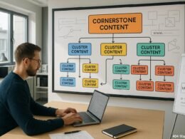Modernes, hell erleuchtetes Büro mit digitaler Whiteboard-Wand, die hierarchische Content-Cluster-Struktur zeigt, mit einem Fachmann am Laptop im Vordergrund. Hintergrund mit technischen Geräten und Konstruktionszeichnungen. Credit: 404 Magazine (Tobias Hager)