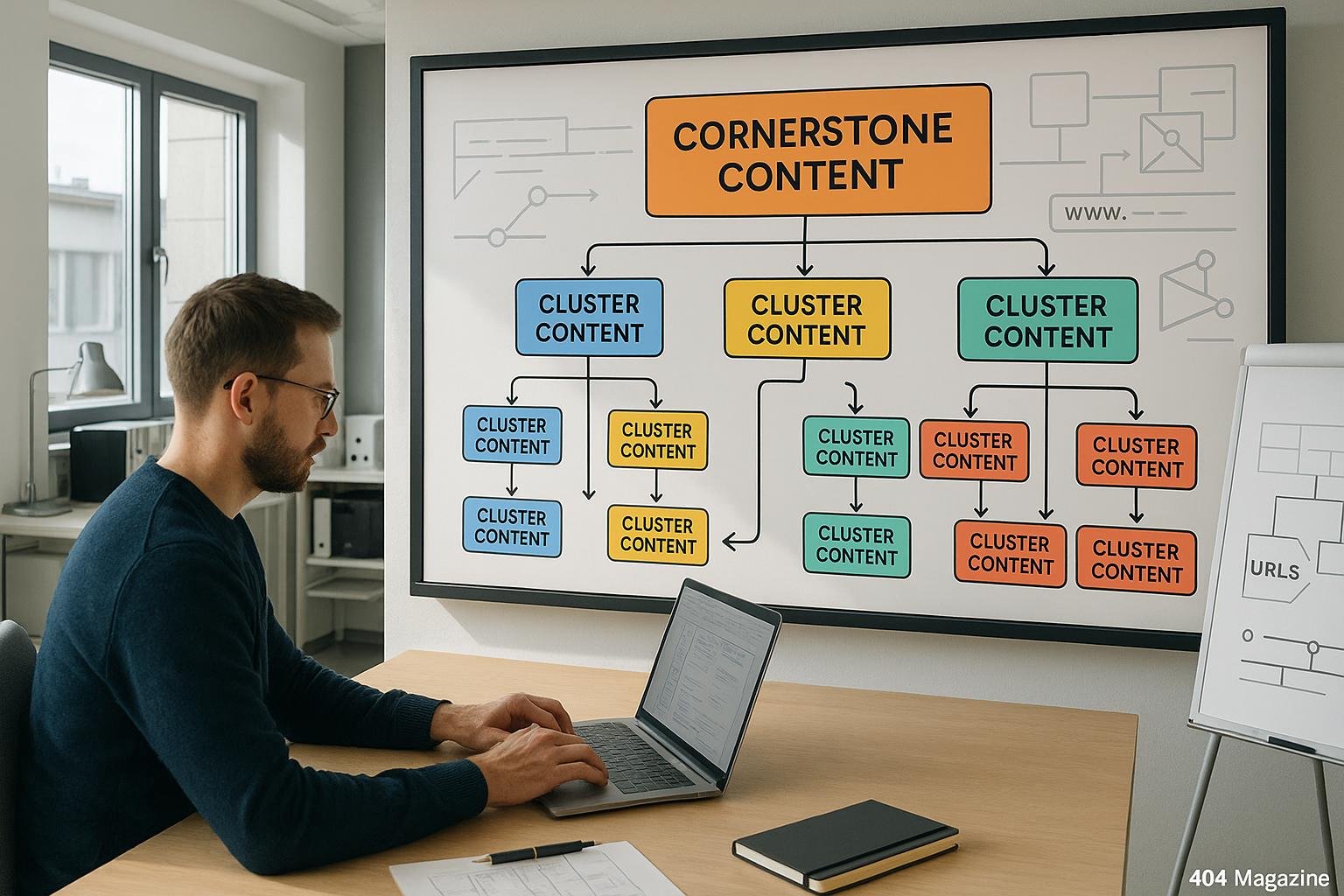 Modernes, hell erleuchtetes Büro mit digitaler Whiteboard-Wand, die hierarchische Content-Cluster-Struktur zeigt, mit einem Fachmann am Laptop im Vordergrund. Hintergrund mit technischen Geräten und Konstruktionszeichnungen. Credit: 404 Magazine (Tobias Hager)