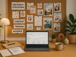 Modern eingerichtetes Home-Office mit Pinnwand, Laptop mit Pinterest-Software, Notizen, Pflanzen und Deko-Elementen, geschaffen für kreative Arbeit