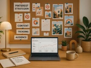 Modern eingerichtetes Home-Office mit Pinnwand, Laptop mit Pinterest-Software, Notizen, Pflanzen und Deko-Elementen, geschaffen für kreative Arbeit